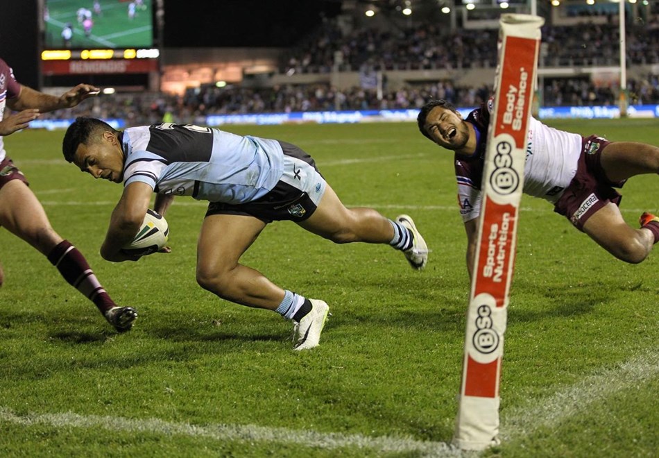 Photo by Colin Whelan copyright Â© nrlphotos.com :    Sosaia Feki went over in the corner but was disallowed for a forward pass                           NRL Rugby League, Round 15 Cronulla Sutherland Sharks v Manly Warringah Sea Eagles at Cronulla, Saturday June 21st 2014