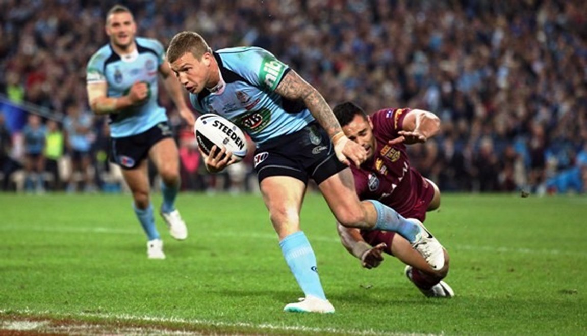 Digital Pic by Robb Cox © Action Photographics: Trent Hodkinson heads for the tryline : State of Origin Rugby League -  2014 - NSW Vs QLD at ANZ Stadium Wednesday the 18th of June 2014.