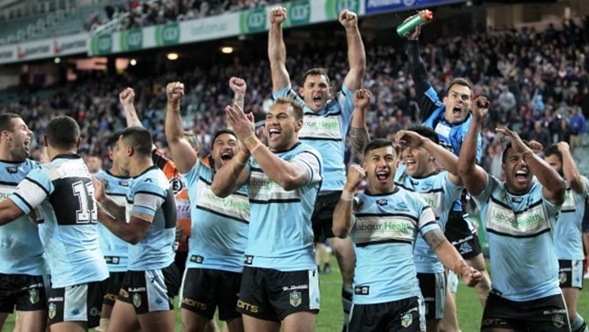 Photo by Colin Whelan copyright © nrlphotos.com :     Sharks celebrate the amazing win                          NRL Rugby League