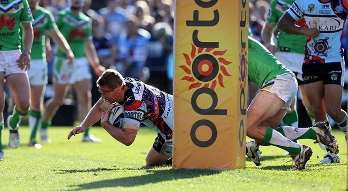 Digital Image Grant Trouville  Â© nrlphotos.com : Tim Robinson scores  : NRL Rugby League Round 24 - Cronulla Sharks v Canberra Raiders at Remondis Stadium Sunday the 24th of August 2014.