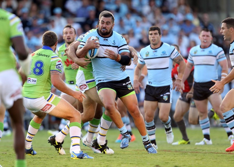Digital Image by Grant Trouvile Â© NRLphotos : Andre Fifita attacks   : 2015 NRL Round 1 - Cronulla Sharks v Canberra Raiders at REMONDIS Stadium, Sunday March 8th 2015.