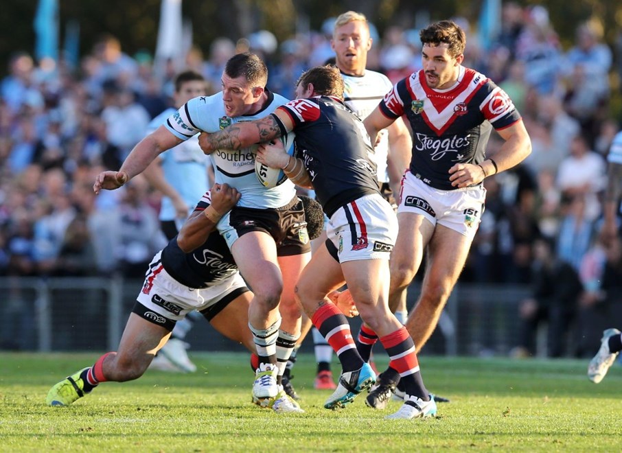 Paul Gallen attacks :Digital Image Grant Trouville Â© NRLphotos  : NRL Rugby League Round 13 - Cronulla Sharks v Sydney Roosters at Remondis Stadium Oval Cronulla Sunday 7th June  2015.
