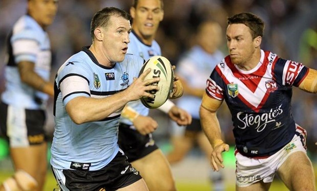 Digital Image Grant Trouville Â© nrlphotos.com : Paul Gallen back in action  : NRL Rugby League Round 7- Cronulla Sharks v Sydney Roosters at Remondis Stadium, Saturday the 19th April 2014. Easter Saturday. #nrlcrosyd