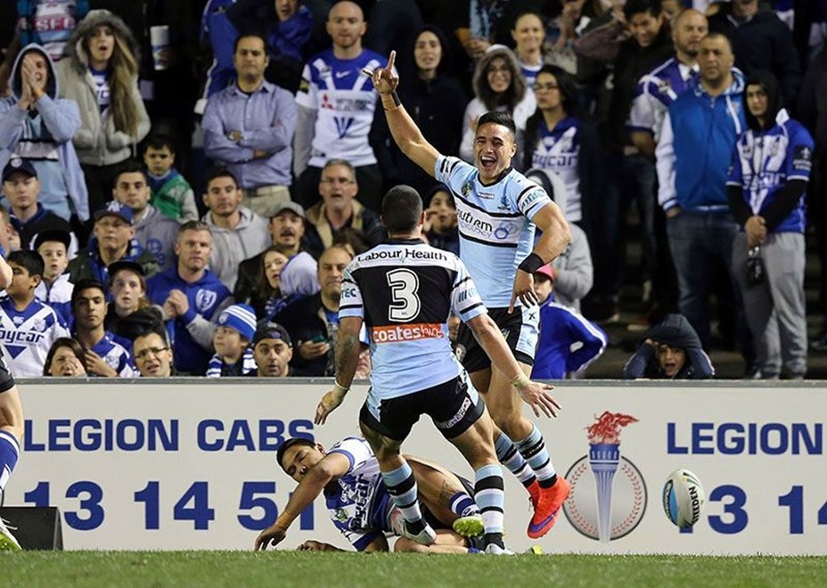 Sharks Celebrate after Homes Scores  :Digital Image Grant Trouville Â© NRLphotos  : NRL Rugby League - Round 20 - Bulldogs v Cronulla Sharks at Belmore Oval Sportsground Sunday the 26th of July  2015.