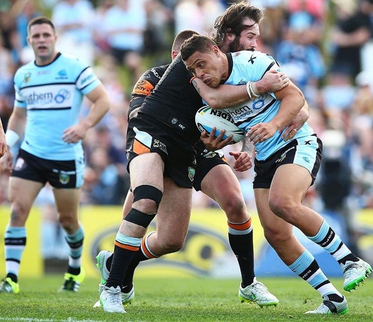 Anthony Tupou of the Sharks during the Round 24 NRL match between the Cronulla Sutherland Sharks and Wests Tigers at Remondis Stadium on August 16, 2015 in Canberra, Australia. Digital Image by Mark Nolan.