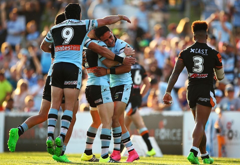 Valentine Holmes of the Sharks during the Round 24 NRL match between the Cronulla Sutherland Sharks and Wests Tigers at Remondis Stadium on August 16, 2015 in Canberra, Australia. Digital Image by Mark Nolan.