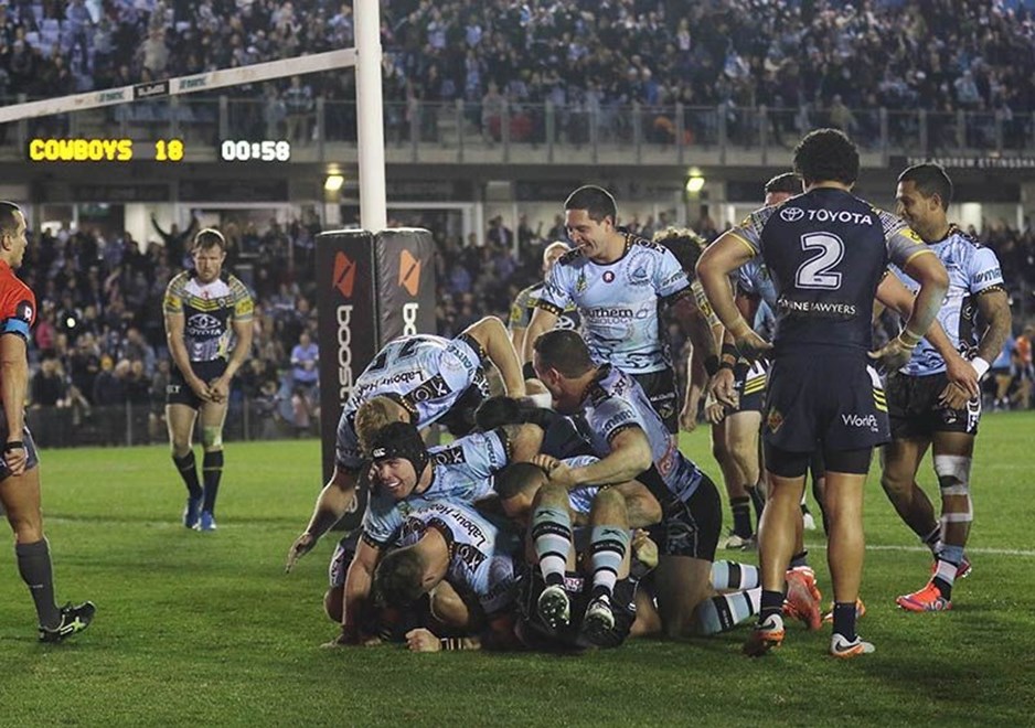 Sharks celebrate Wade Grahams try : NRL Rugby League - Sharks V Cowboys at Remondis Stadium, Saturday 8th August 2015. Digital Image by Reece Carter Â©nrlphotos.com