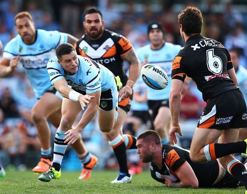 Michael Gordon of the Sharks during the Round 24 NRL match between the Cronulla Sutherland Sharks and Wests Tigers at Remondis Stadium on August 16, 2015 in Canberra, Australia. Digital Image by Mark Nolan.