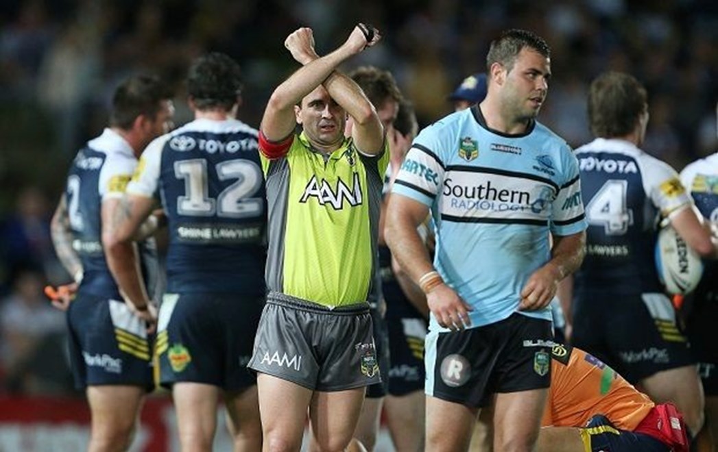 Gerard Sutton puts Wade Graham on report  : NRL Rugby League, Cowboys V Sharks at 1300 Smiles Stadium, Townsville. Saturday 19th September 2015. Pic by Robb Cox Â© NRL Photos