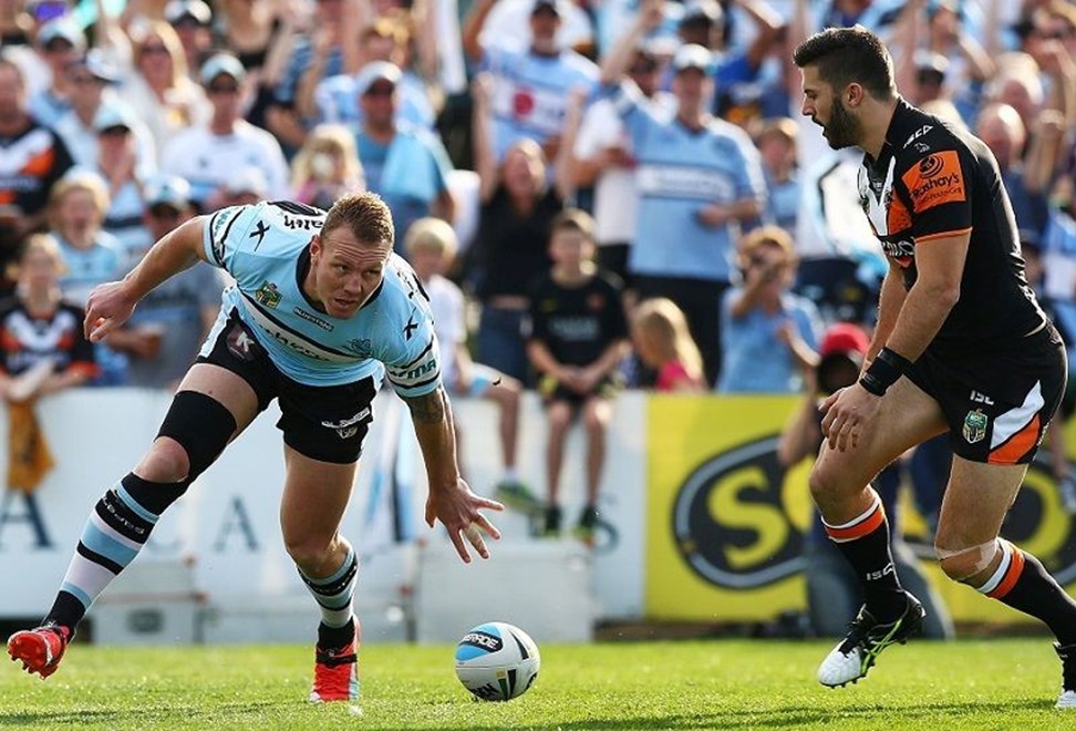 Luke Lewis of the Sharks during the Round 24 NRL match between the Cronulla Sutherland Sharks and Wests Tigers at Remondis Stadium on August 16, 2015 in Canberra, Australia. Digital Image by Mark Nolan.