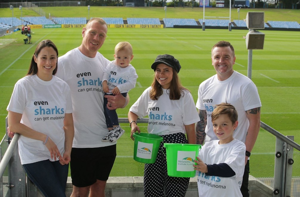 The Lewis' named melanoma ambassadors-Luke  Sonia and baby Hazel with Jaxon Allen(8) and Melanoma Institutes Georgia Swinton and Jay Allen.Picture John Veage