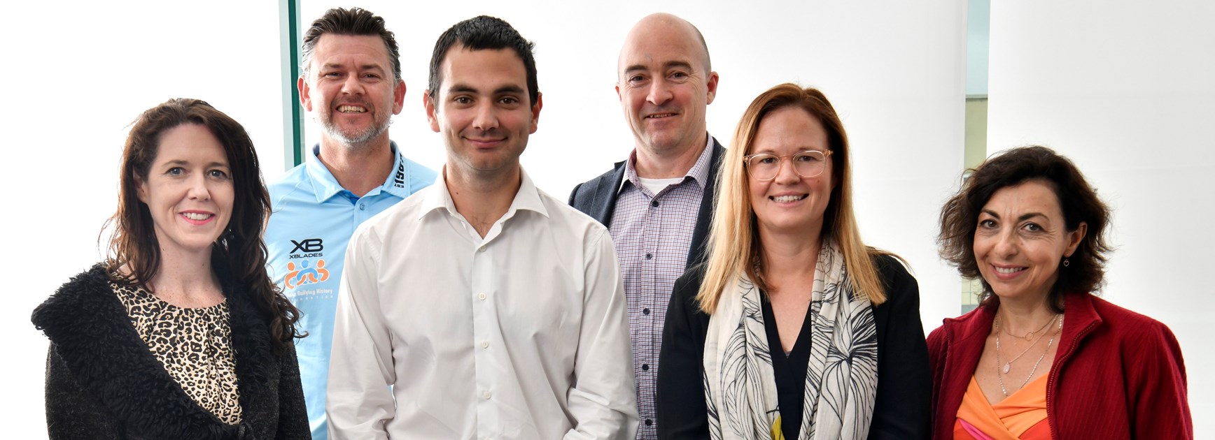 From left, Sarah Tillott – School for Living/Game On, Brett Murray – Make Bullying History Foundation, George Nour - Sharks Have Heart, Jeremy Goff – Youth InSearch,
Michelle Fairweather –Sutherland Shire Family Services/Love Bites, Vicki Sherry – Southern Community Welfare 
