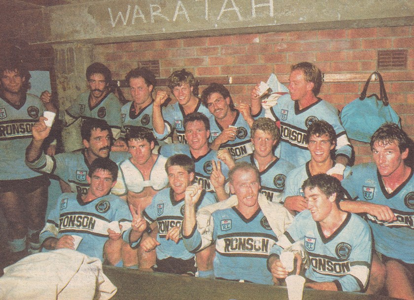 The Sharks celebrate their 1985 trial win over Parramatta.