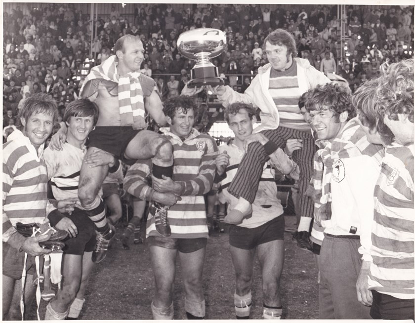 Maurie Raper (far left) after the 1971 Endeavour Cup v Canterbury Bulldogs.
