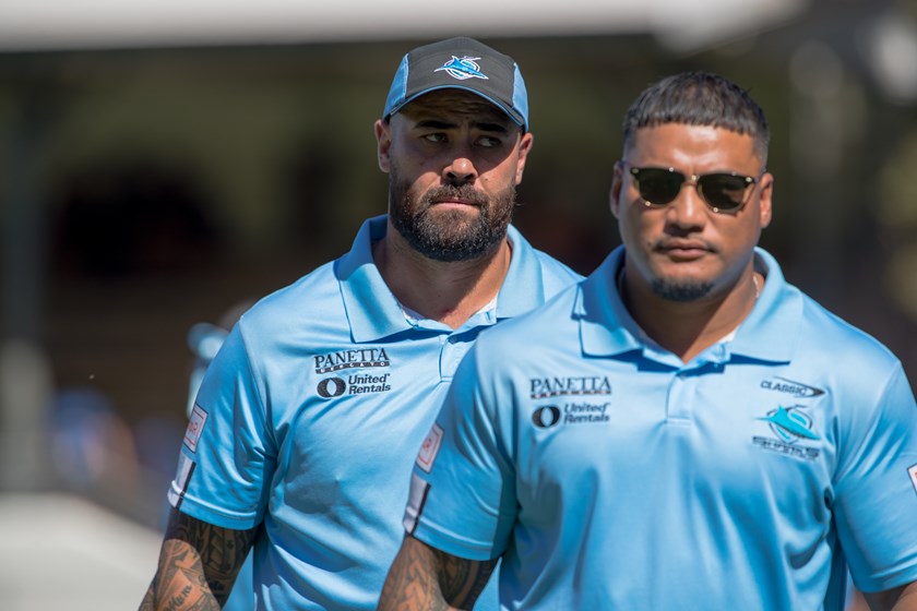 Sharks Tarsha Gale coach Andrew Fifita (left).