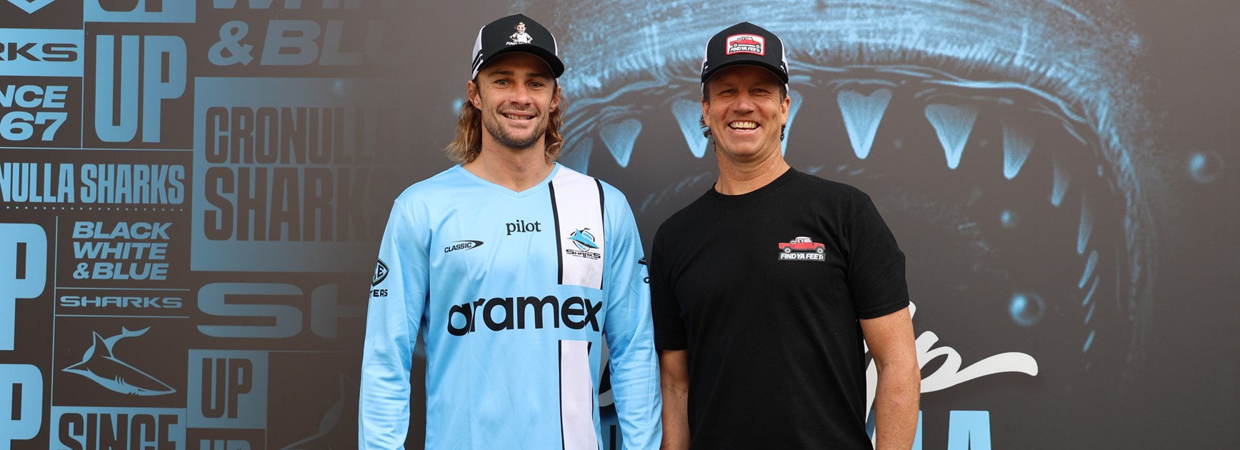 Sharks Nicho Hynes with Find Ya Feet founder Tommy Herschell