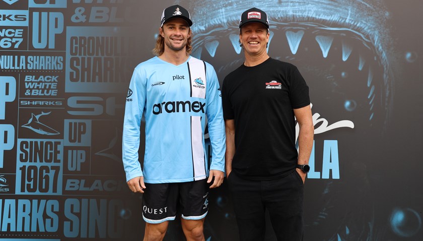 Sharks Nicho Hynes with Find Ya Feet founder Tommy Herschell