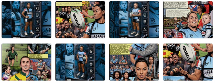 Image: Various Cronulla Sharks NRLW players reimagined as superhero action figures for the club's 2026 This Is How We Play campaign.